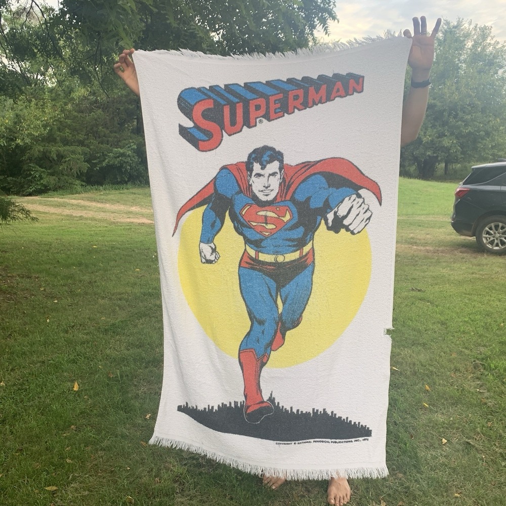 VTG 1970s DC Comics Superman White Decorative Beach Towel 34x54 Used Condition